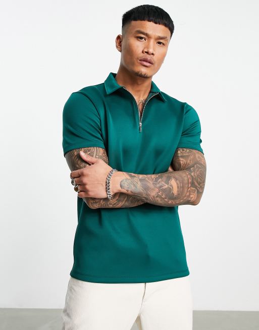 ASOS DESIGN - T-shirt à col polo classique en néoprène - Vert foncé 