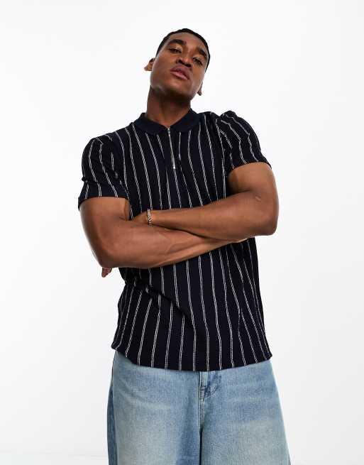ASOS DESIGN - T-shirt à col polo et rayures - Bleu marine et blanc