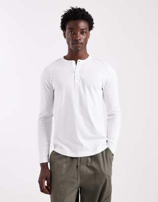 ASOS DESIGN - T-shirt à col tunisien et manches longues - Blanc