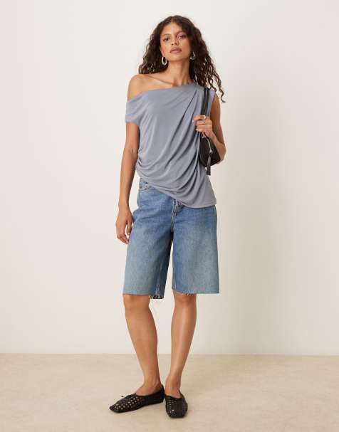 ASOS DESIGN - T-shirt à épaules dénudées en modal fluide avec ourlet asymétrique - Bleu - view 1