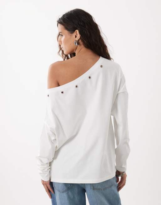 ASOS DESIGN t-shirt à œillets métalliques à épaules tombantes crème, 3 de 4