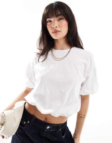 ASOS DESIGN - T-shirt à manches bouffantes et ourlet boule - Ivoire - view 1
