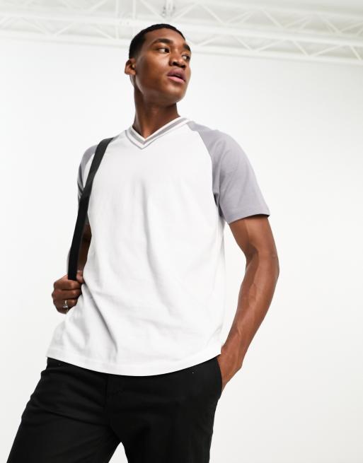 ASOS DESIGN - T-shirt à manches courtes avec col V et bande - Blanc