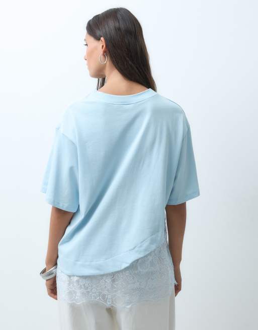 ASOS DESIGN - T-shirt à manches courtes avec ourlet bordé de dentelle - Bleu clair, 4 de 4
