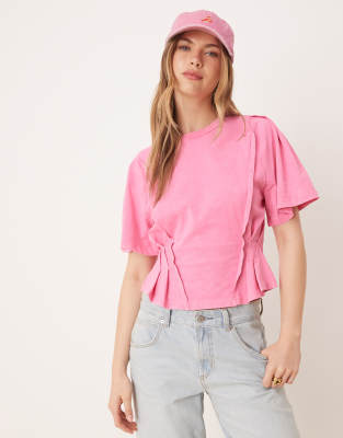 T-shirt à manches courtes et surpiqûres avec taille corsetée - Rose délavé XS