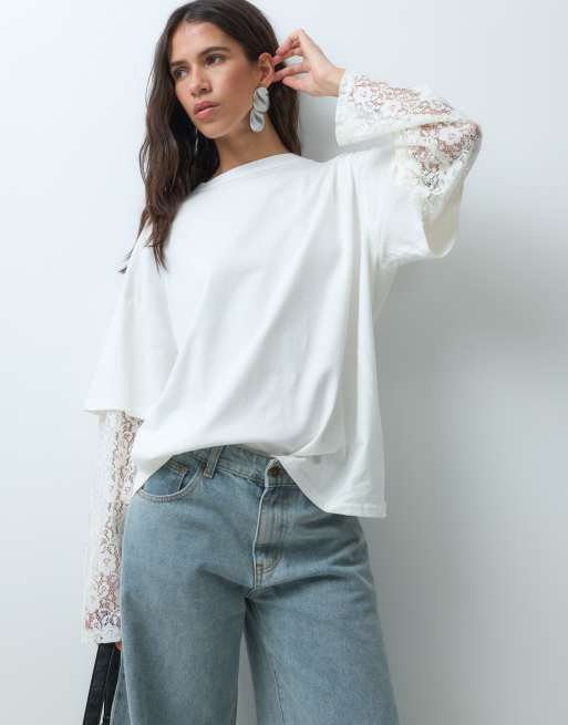 ASOS DESIGN t-shirt à manches en dentelle superposée blanc, 4 de 5