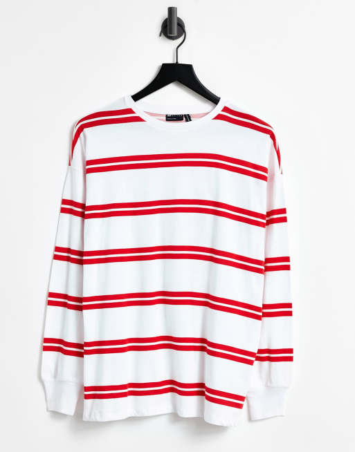 ASOS DESIGN - T-shirt à manches longues à poignets resserrés et rayures doubles - Blanc