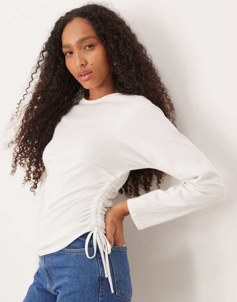 ASOS DESIGN - T-shirt à manches longues avec fronces nouées sur les côtés - Blanc - view 1