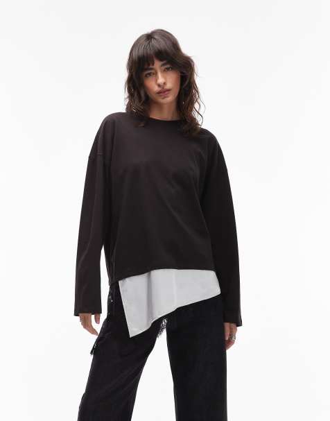ASOS DESIGN - T-shirt à manches longues avec ourlet asymétrique en satin et dentelle - Noir - view 1