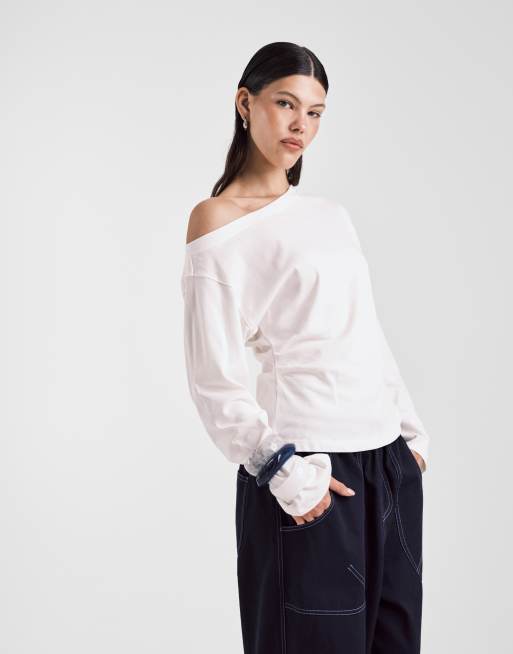 ASOS DESIGN long sleeve off shoulder corset waist tee in cream