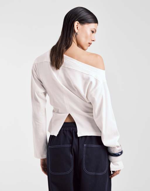 ASOS DESIGN long sleeve off shoulder corset waist tee in cream