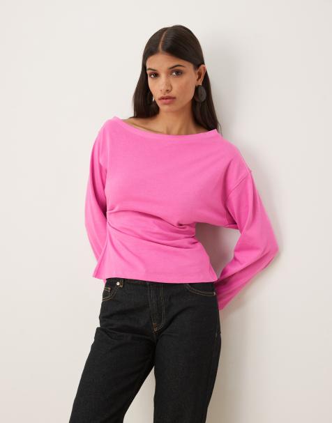ASOS DESIGN - T-shirt à manches longues avec taille corset et épaule dénudée - Rose vif - view 1
