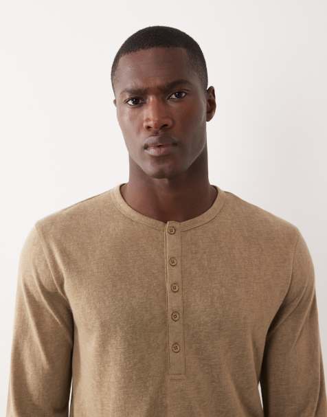 ASOS DESIGN - T-shirt à manches longues classique en aspect lin avec col boutonné - Marron - view 1