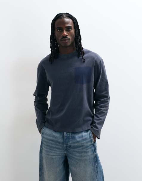 ASOS DESIGN t-shirt à manches longues coupe carrée décontractée avec poche ton sur ton en bleu marine délavé - view 1
