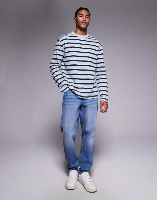 ASOS DESIGN - T-shirt à manches longues décontracté à rayures - Bleu délavé et marine, 2 de 5