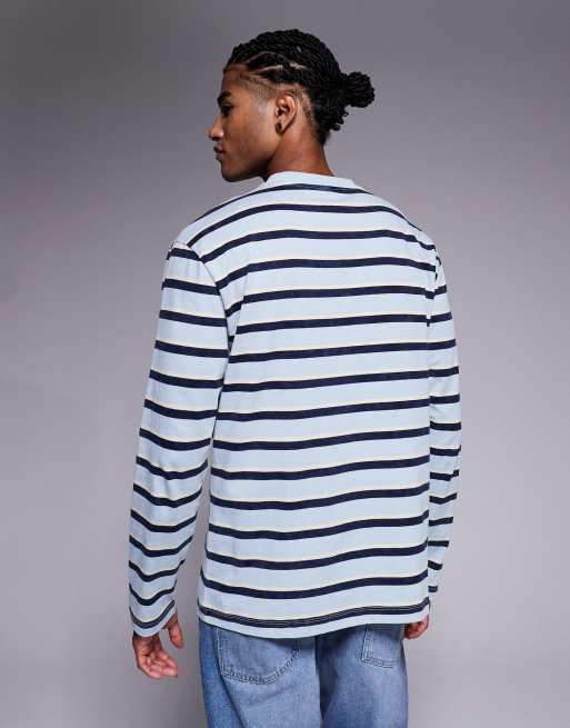 ASOS DESIGN - T-shirt à manches longues décontracté à rayures - Bleu délavé et marine, 3 de 5