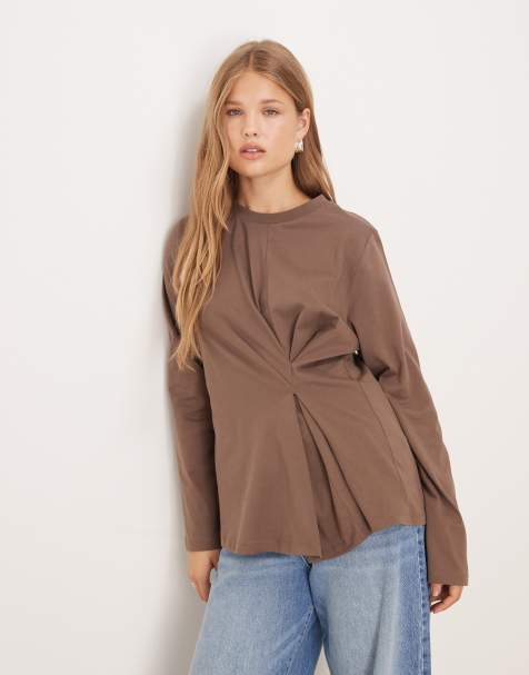 ASOS DESIGN - T-shirt à manches longues et détail plissé - Chocolat - view 1