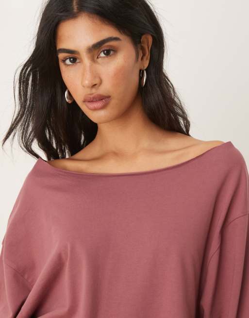 ASOS DESIGN - T-shirt à manches longues et épaules dénudées - Rose foncé, 3 de 4