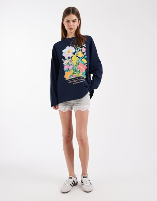 ASOS DESIGN - T-shirt à manches longues et imprimé floral - Bleu marine, 2 de 4