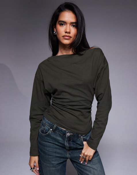 ASOS DESIGN - T-shirt à manches longues froncé sur les côtés - Olive foncé - view 1