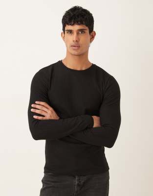 ASOS DESIGN - T-shirt à manches longues moulant en jacquard côtelé épais - Noir