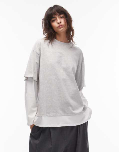 ASOS DESIGN - T-shirt à manches longues oversize effet superposé - Blanc/gris chiné - view 1