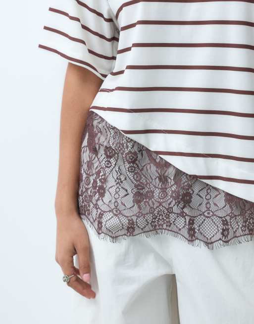 ASOS DESIGN - T-shirt a maniche corte con fondo in pizzo e stampa a righe, 3 di 4