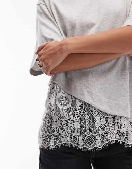 ASOS DESIGN - T-shirt a maniche corte grigio mélange con fondo in pizzo, 2 di 4