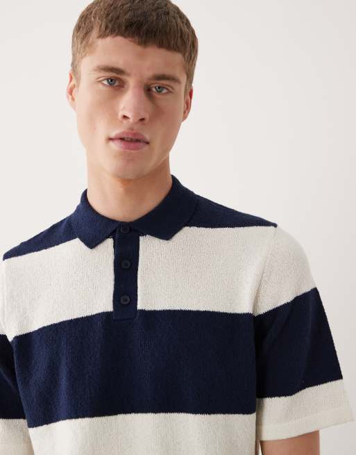 ASOS DESIGN - T-shirt a maniche corte in maglia bouclé a righe blu navy ed écru, 3 di 5