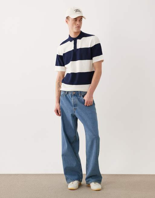 ASOS DESIGN - T-shirt a maniche corte in maglia bouclé a righe blu navy ed écru, 5 di 5