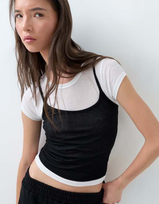 ASOS DESIGN - T-shirt a maniche corte monocromatica con canotta sovrapposta, 5 di 5
