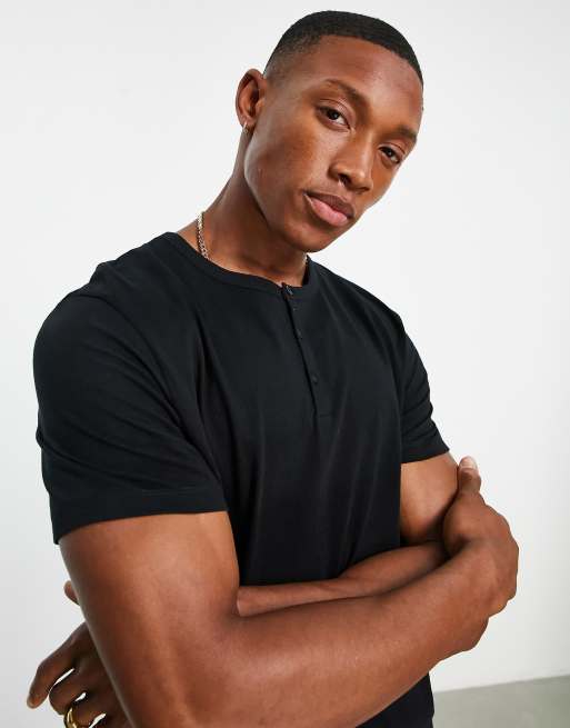 ASOS DESIGN - T-shirt a maniche corte nera con collo serafino