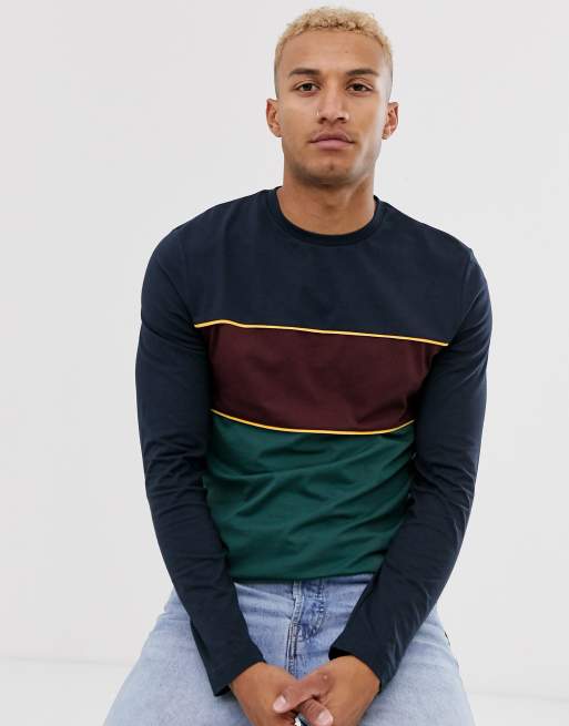 ASOS DESIGN - T-shirt a maniche lunghe a blocchi di colore blu navy