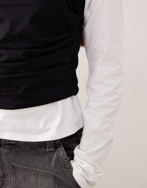 ASOS DESIGN - T-shirt a maniche lunghe aderente nera e bianca con elastico in vita, 3 di 4