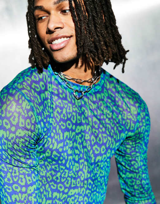 ASOS DESIGN - T-shirt a maniche lunghe attillata in rete blu con stampa animalier - MBLUE