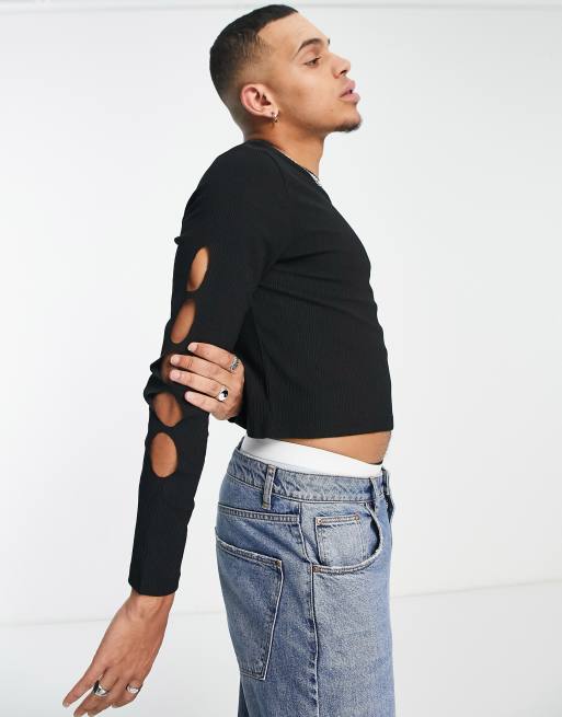 ASOS DESIGN - T-shirt a maniche lunghe attillata nera testurizzata con cut-out sulle maniche