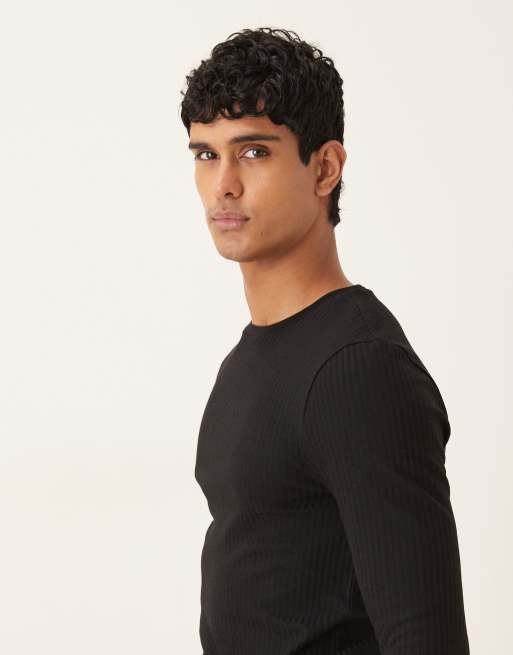 ASOS DESIGN - T-shirt a maniche lunghe attillata pesante in jacquard nero a coste , 4 di 5