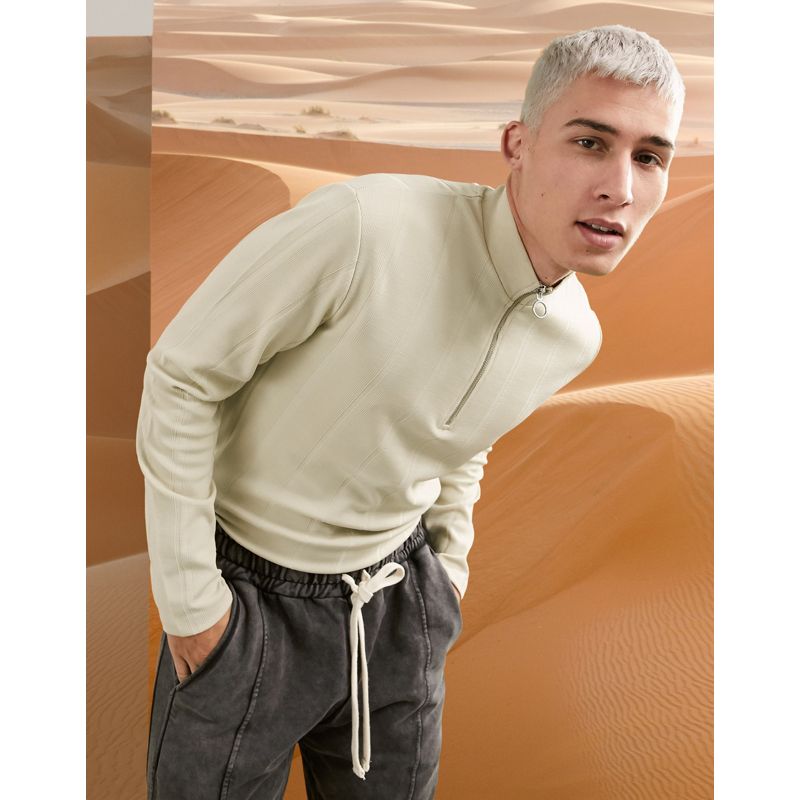 Uomo 1NSsN DESIGN - T-shirt a maniche lunghe beige a coste con collo alto e zip corta
