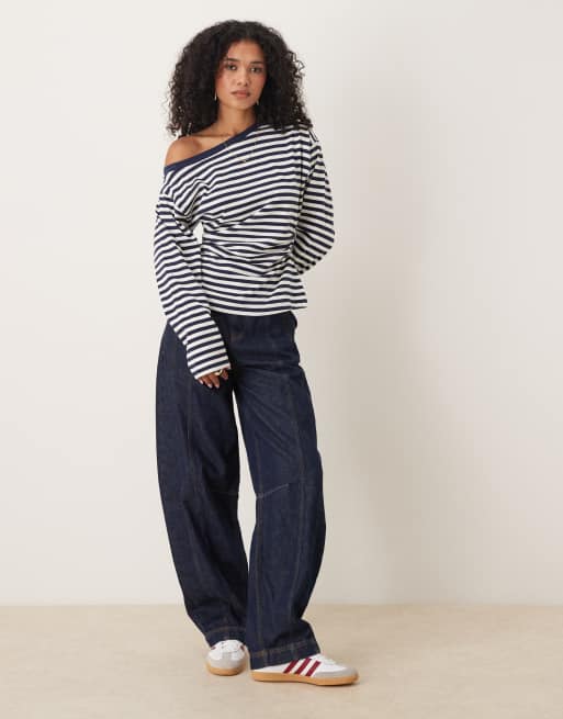 ASOS DESIGN - T-shirt a maniche lunghe blu navy a righe con spalla scoperta e vita stile corsetto, 2 di 4