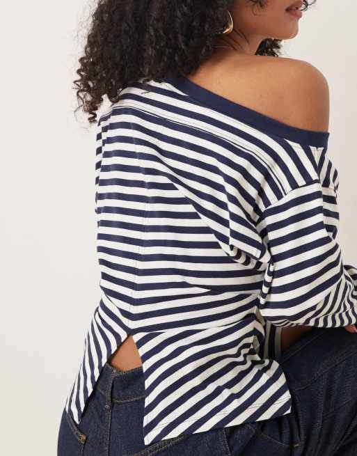 ASOS DESIGN - T-shirt a maniche lunghe blu navy a righe con spalla scoperta e vita stile corsetto, 4 di 4