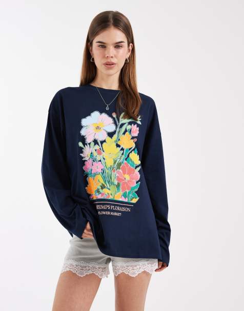 ASOS DESIGN - T-shirt a maniche lunghe blu navy con grafica a fiori - view 1