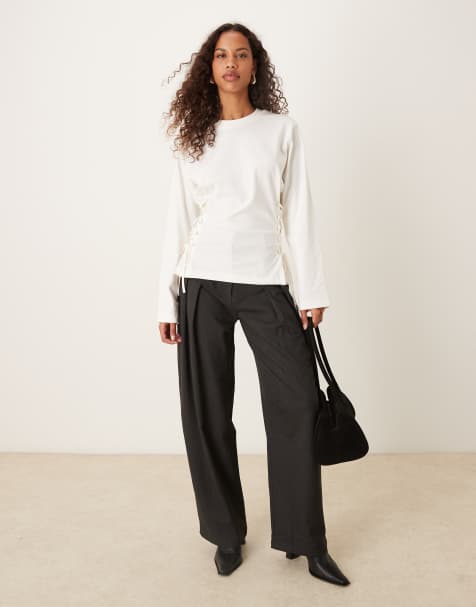 ASOS DESIGN - T-shirt a maniche lunghe color crema con allacciature laterali - view 1