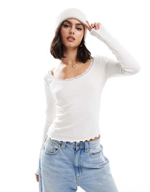 ASOS DESIGN - T-shirt a maniche lunghe color crema con dettaglio in pizzo e scollo rotondo