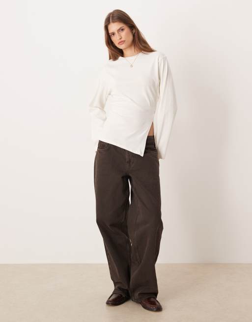 ASOS DESIGN - T-shirt a maniche lunghe color crema con spacco laterale, 4 di 4