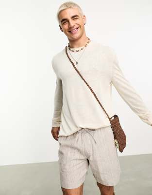 ASOS DESIGN - T-shirt a maniche lunghe comoda color crema effetto lino