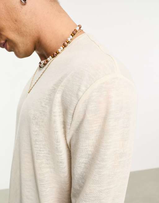 ASOS DESIGN - T-shirt a maniche lunghe comoda color crema effetto lino, 4 di 4