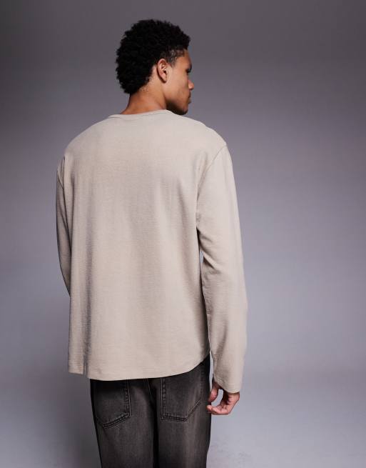 ASOS DESIGN - T-shirt a maniche lunghe comoda pesante beige testurizzata con scritta stile calcio, 3 di 5