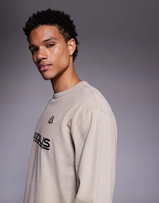 ASOS DESIGN - T-shirt a maniche lunghe comoda pesante beige testurizzata con scritta stile calcio, 4 di 5