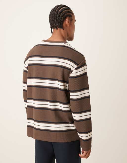 ASOS DESIGN - T-shirt a maniche lunghe comoda pesante écru e marrone a righe , 3 di 5