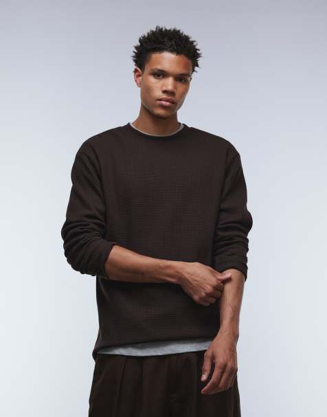 ASOS DESIGN - T-shirt a maniche lunghe comoda pesante marrone scuro lavorata a nido d'ape - view 1